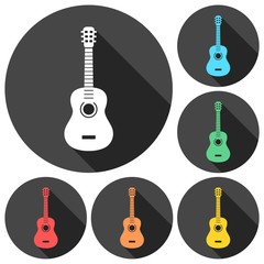Acoustic guitar icons set with long shadow