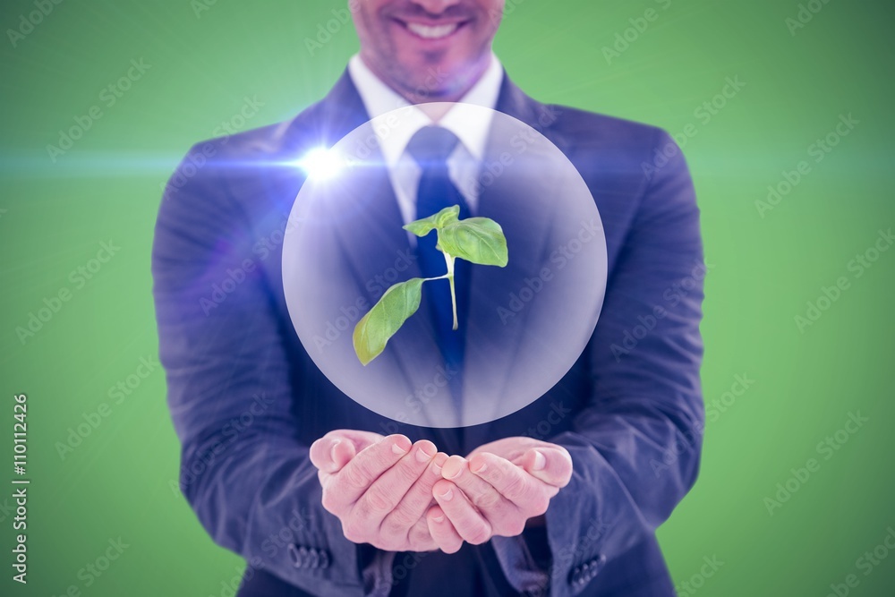 Poster composite image of smiling businessman presenting with hands