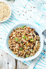 Lentils and rice with Crispy Onions and Parsley. Mujadara