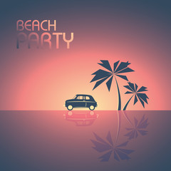 Beach party template background for promotional posters and flyers. Retro 80s style leaflet with palm trees, small car in sunset.