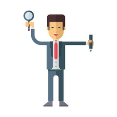 A businessman in blue suit with magnifying glass and pencil in hands. Flat vector illustration