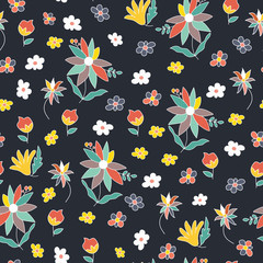 Seamless floral  background. Isolated flowers on black background. Vector.