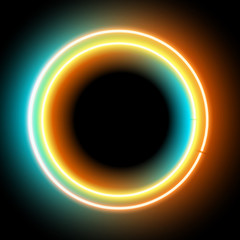 Neon circle. Neon colorful light. Vector electric frame. Vintage frame. Retro neon lamp. Space for text. Glowing neon background. Abstract electric background. Neon sign circle. Glowing electric frame