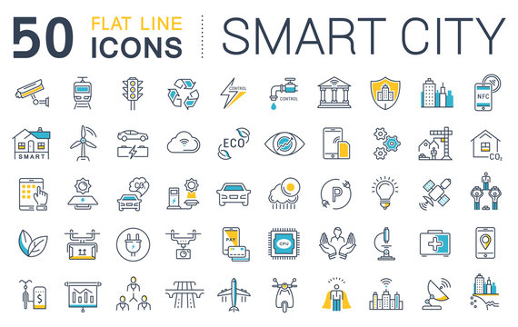 Set Vector Flat Line Icons Smart City