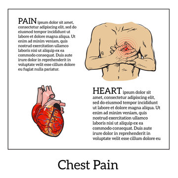 Information about heart pain, chest pain in men, anatomical image of the human heart, vector sketch hand-drawn illustration of heart and human patients suffering from chest pains man holding chest