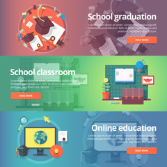 School graduation. Cap and gown. School classroom. Inline education. Self education. Education and science banners set. Vector design concept.