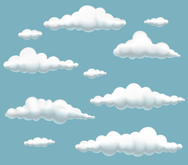 vector illustration of collection cartoon clouds  in the sky, spherical volumetric clouds on blue background, clouds set