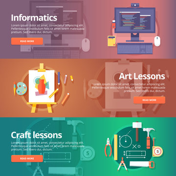 Informatics lesson. Computer technologies. Information technology. Art lesson. Drawing and painting skill. Craft lesson. Handmade stuff. Education and science banners set. Vector design concept.