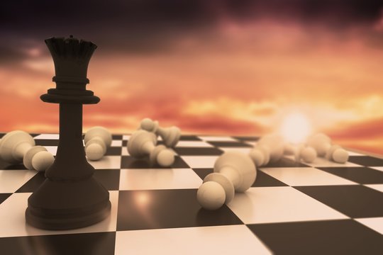 Composite image of black queen standing with fallen white pawns
