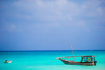 Old wooden dhow at the sea in the Indian Ocean 