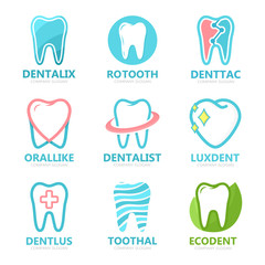 Set of tooth logo design template. Dental logo. Dental clinic logo. Tooth logo. Healthy tooth logo. Dentist logo. Oral logo. Vector logo template