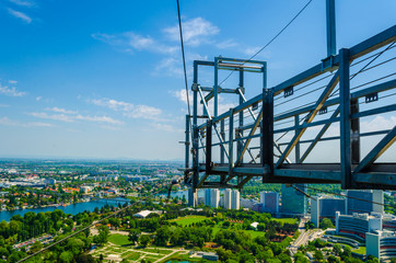 Aerial View Of Vienna City Skyline with bungee jumping platform on the top of donauturm in vienna