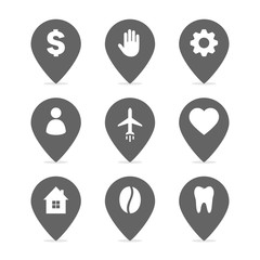 Set of the gray map point. Hand with map pointer icon. Plane with map pointer icon. People with map pointer icon. Tooth with map pointer icon. House with map pointer icon. Map pointer icon.