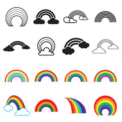 Rainbow icons. Black and colored rainbow icons. 16 different rainbow symbols isolated on a white background. Vector illustration