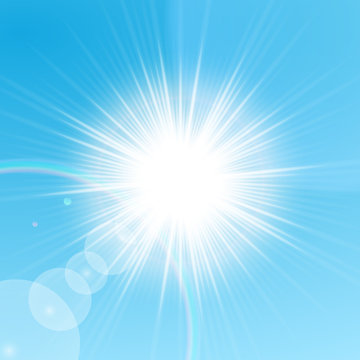 Bright sun shining in the blue sky. Vector illustration