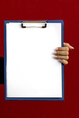 the girl in the black coats in the hands of the clip board