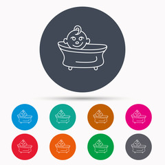 Baby in bath icon. Toddler bathing sign.