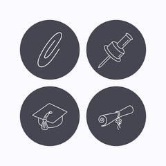 Graduation cap, pushpin and diploma icons.