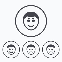 Human smile face icons. Happy, sad, cry.