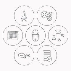 Fototapeta premium Rocket, chat speech bubble and open lock icons.
