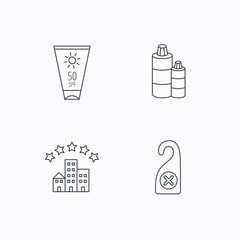 Hotel, shampoo and sun cream icons.