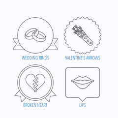 Broken heart, kiss and wedding rings icons.