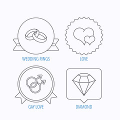 Love heart, diamond and wedding rings icons.