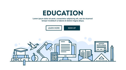 Fototapeta premium Education, concept header, flat design thin line style