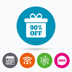 90 percent sale gift box tag sign icon.