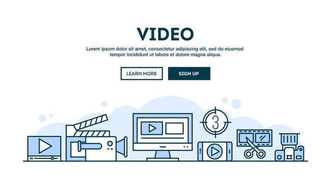 Video making, concept header, flat design thin line style