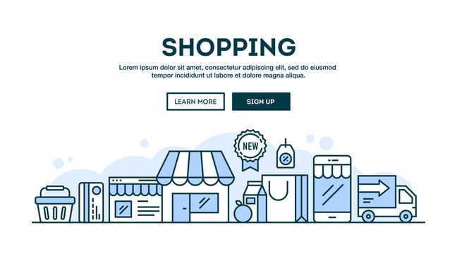 Online shopping, concept header, flat design thin line style