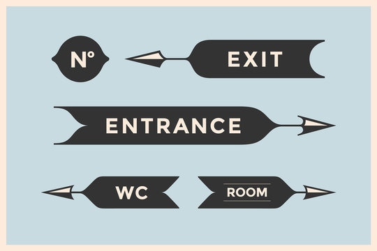 Set of vintage arrows and banners with inscription Entrance, Exit, Room and WC. Design elements in retro style for navigation sign on color background. Vector Illustration