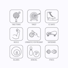 Target, table tennis and fitness sport icons.