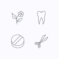 Tooth, scissors and tablet icons.