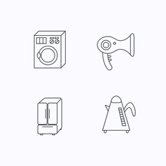 Washing machine, teapot and hair-dryer icons.