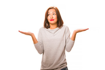 Brown hair beautiful helpless woman wearing grey shirt and jeans