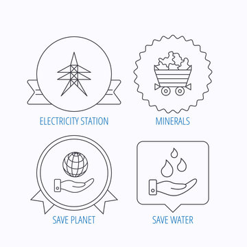 Save water, planet and electricity station icons. Minerals.
