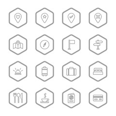 gray line travel icon set with hexagon frame for web design, user interface (UI), infographic and mobile application (apps)