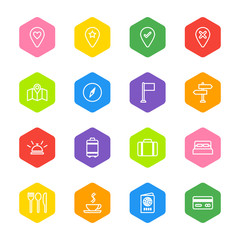 white line travel icon set on colorful hexagon for web design, user interface (UI), infographic and mobile application (apps)