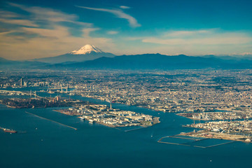 Aerial fuji mountain with tokyo cityscape view