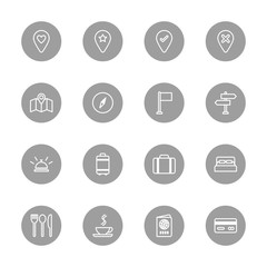 line travel icon set on gray circle for web design, user interface (UI), infographic and mobile application (apps)