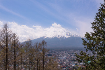 The Mt.Fuji in a part cloudy day with cheery blossom or Sakura. The landscape is also took with others Japanese landmark