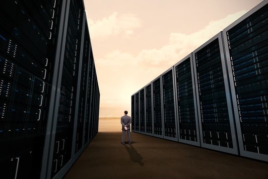 Composite image of rear view of classy businessman posing