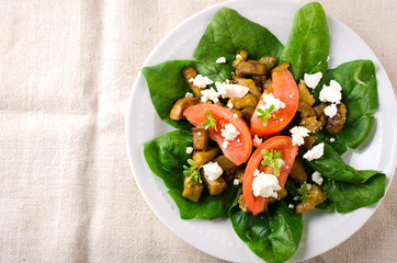 Eggplant salad with tomatoes, feta cheese, spinach and greens