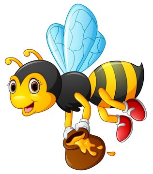 Flying Bee cartoon holding honey bucket