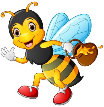 Cartoon bee holding pot of honey