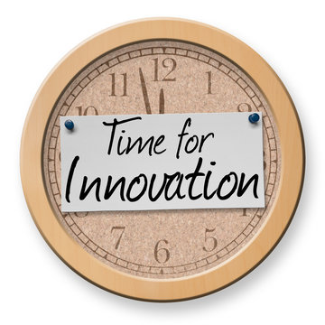 Time for Innovation text on clock bulletin board sign