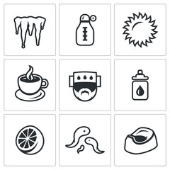Vector Set of Disease Icons. Cooling, Temperature, Heat, Medicine, Headache, Nasal drop, Lemon, Leeches, Diarrhea.