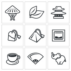 Vector Set of Tea Icons. China, Leaf, Temple, Teabag, Cup, Ceremony, Elephant