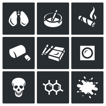 Vector Set of Smoking and Cancer Icons. Lungs, Ashtray, Cigar, Gum, Pack, Patch, Death, DNA, Blood.